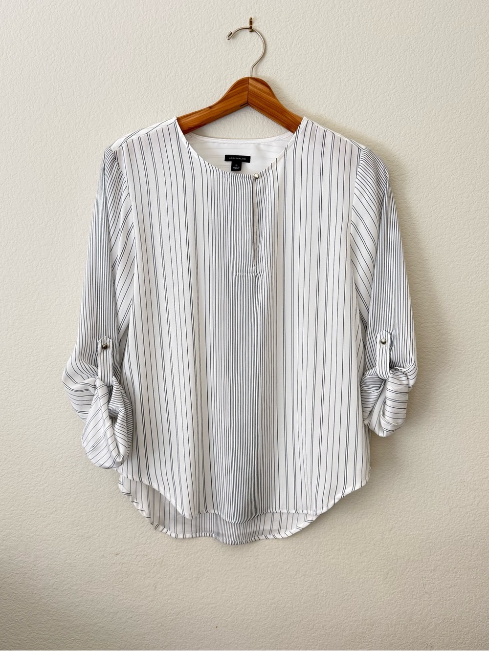 Ann Taylor White Stripe Roll-Sleeve Blouse